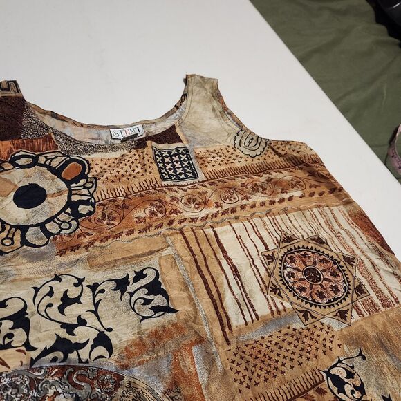 Vintage 80s 90s Stunt 100%  Silk Tank Top Blouse sz M/L brown earth tone ethnic - Picture 6 of 13